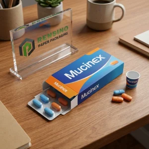 صندوق تغليف ورقي أزرق وبرتقالي مع نص مطبوع Mucinex وحبوب ملونة، مناسب للطعام أو الأدوية أو تغليف التجزئة، خدمة OEM/ODM متاحة
