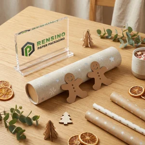 Embalaje de tubo de papel kraft con patrón de estrella blanca y copo de nieve, adecuado para embalaje de tela o venta al por menor, diseño personalizado disponible