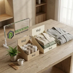 Beige Paper Packaging Box with Foldable Compartments, Suitable for Apparel or Home Textiles, Customizable Design by RENSINO