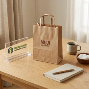 Bolsa de regalo de papel kraft con asas y texto impreso “MUJI”, adecuada para regalo, venta minorista, alimentos, cosméticos o embalaje de joyería, diseño personalizado disponible