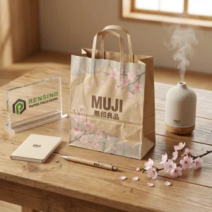 Sacola de Papel Kraft da MUJI com Padrão de Flor de Cerejeira Rosa, Adequada para Embalagem de Presentes ou Varejo, Impressão de Logotipo Personalizado Disponível