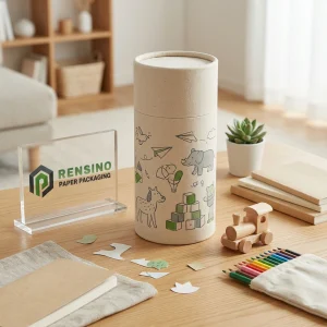 Embalaje de tubo de papel de tela Kraft con ilustraciones impresas de animales y bloques de juguetes, adecuado para embalaje de tela o venta al por menor, diseño personalizado disponible