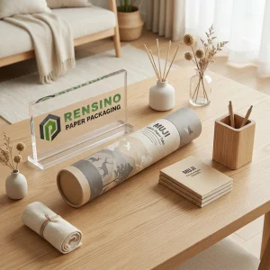 Tubo de papel de tela kraft con texto estilizado impreso y patrón de naturaleza, adecuado para empaques de tela, diseño personalizado disponible