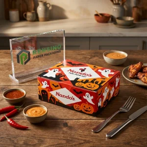 Scatola di imballaggio alimentare usa e getta rossa e arancione con motivo di zucca di Halloween e fantasma, adatta per imballaggio alimentare, stampa logo personalizzata disponibile