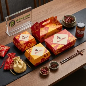 Red and Yellow Disposable Packaging Boxes with Dragon Pattern and Printed “Nando’s” Text, Suitable for Food Packaging, Custom Design Available