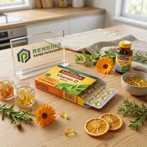 Boîte d'emballage en papier imprimé avec des capsules de supplément de vitamine D et des bouteilles d'huile de poisson, adaptée pour les suppléments de santé ou l'emballage de détail, service OEM/ODM disponible