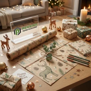 Carta Regalo di Carta Kraft con Motivo di Cervo Natalizio e Pigna, Adatta per Regali, Vendita al Dettaglio o Imballaggio Festivo, Design Personalizzato Disponibile