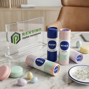 Tube de baume à lèvres en papier bleu et pastel avec texte imprimé et motif d'œuf de Pâques pour un usage cosmétique ou cadeau, service OEM/ODM disponible
