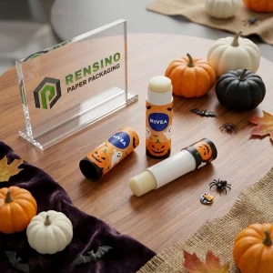 Orange and Black Paper Lip Balm Tube with Halloween Pumpkin and Ghost Pattern for Cosmetic or Gift Use, Custom Logo Printing Available