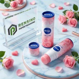 Tubo per balsamo labbra in carta rosa e blu con motivo cuori e rose per uso cosmetico o regalo, stampa logo personalizzata disponibile