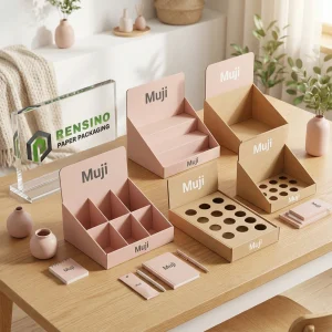 Boîtes d'affichage en papier rose et kraft avec séparateurs, personnalisables pour un usage commercial et de cadeau