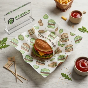 Papier ciré imprimé avec motif de burger, adapté pour la nourriture, les cadeaux, la vente au détail ou l'utilisation de marque, service OEM/ODM disponible