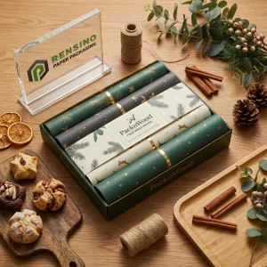 Carta da Imballaggio Verde e Bianca con Motivo di Albero di Natale e Renna, Adatta per Imballaggio Alimentare o al Dettaglio, Servizio OEM/ODM Disponibile