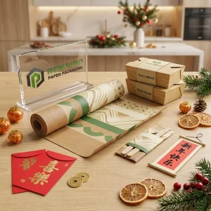 Imballaggio in carta kraft per alimenti con motivo stampato e accessori in legno, adatto per imballaggio alimentare o al dettaglio, servizio OEM/ODM disponibile