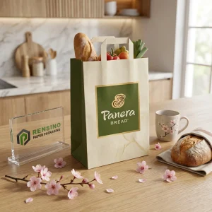 Cremfarbener Papierbeutel mit grünem Logo, geeignet für Bäckerei- oder Geschenkverpackungen