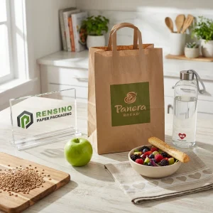 Bolsa de papel kraft con logo verde y patrón de frutas, adecuada para regalos, alimentos o empaques de venta al por menor, diseño personalizado disponible
