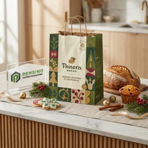 Grüner und beiger Papier-Einkaufsbeutel mit saisonalem Muster, individuelle Logo-Druckoption verfügbar
