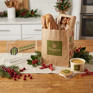 Sacola de presente de papel kraft com logotipo impresso e padrão de feriado, adequada para alimentos, presentes ou embalagem de varejo, design personalizado disponível