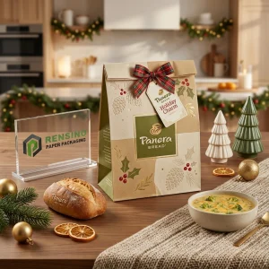 Kraftpapier-Geschenktüte mit Feiertags-Zapfen- und Beerenmuster, individuelles Logo-Druck verfügbar
