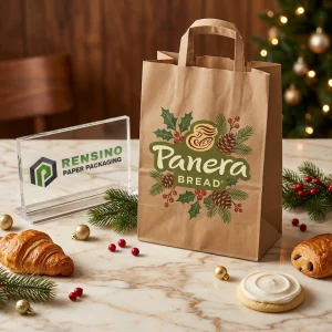 Sacola de Papel Kraft com Design de Pinheiro e Berries de Férias, Impressão de Logo Personalizada Disponível