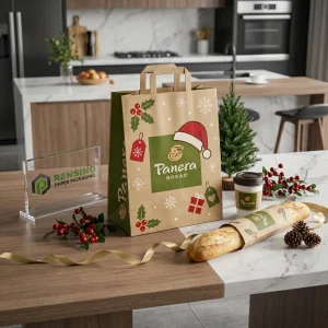 Sacola de Papel Kraft com Padrão de Natal e Acentos Verdes, Impressão de Logo Personalizada Disponível