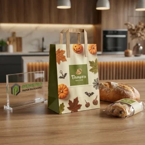 Bolsas de papel desechables verdes y kraft para alimentos con patrón de calabaza y hoja, diseño personalizado disponible