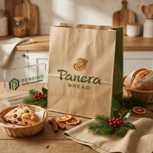 Sacola de Papel Kraft com Logotipo Impresso “Panera Bread” e Padrão de Férias, Adequada para Presente, Alimento ou Embalagem de Varejo, Impressão de Logotipo Personalizada Disponível