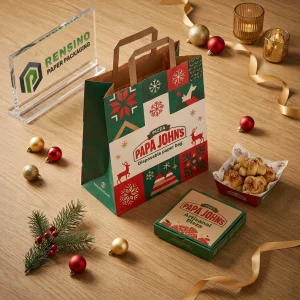 Sacchetti di carta usa e getta verdi e rossi di Papa John’s con motivo natalizio per imballaggio pizza, design personalizzato disponibile
