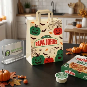 Sacchetti di Carta Alimentare Monouso in Kraft con Motivo di Zucca e Fantasmi di Halloween per Imballaggio Pizza, Design Personalizzato Disponibile