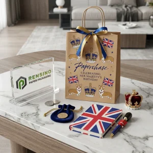 Bolsa de regalo de papel kraft con patrón de corona y Union Jack, adecuada para regalo, venta al por menor o empaques de alimentos, diseño personalizado disponible