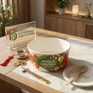 Green and Beige Printed Paper Bowl with Floral and Lantern Pattern for Food Packaging, Custom Design Available