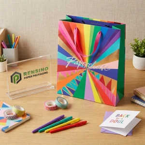 Bolsa de Papel Colorida con Patrón Geométrico y Texto Impreso “Paperchase”, Adecuada para Empaque de Regalos o Venta al por Menor, Impresión de Logo Personalizado Disponible