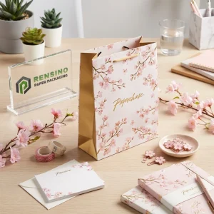 Borsa di Carta Rosa e Oro Paperchase con Motivo di Fiori di Ciliegio Adatta per Confezioni Regalo o Vendita al Dettaglio Stampa del Logo Personalizzata Disponibile