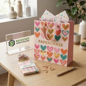 Bolsa de papel rosa con patrón de corazones multicolores y texto impreso “PAPERCHASE”, adecuada para empaques de regalo o venta al por menor, impresión de logotipo personalizada disponible