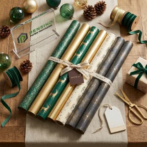 Carta da regalo stampata verde, oro e grigia con motivo di renne e fiocchi di neve, design personalizzato disponibile