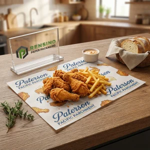 Papier ciré imprimé avec une marque claire et des illustrations alimentaires, adapté pour l'emballage de fast-food ou de collations, service OEM/ODM disponible