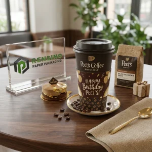 Braune Einweg-Papierkaffeebecher mit Kaffeebohnmuster und Geburtstagstext, Individueller Logo-Druck verfügbar