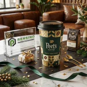 Grüne und beige Einweg-Pappbecher mit Kaffeebohnendesign und Peet’s Coffee Text, individuelle Logo-Druck verfügbar
