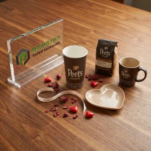 Braune Einweg-Papierkaffeetassen mit bedrucktem Peet’s Coffee-Text, individuelles Design verfügbar
