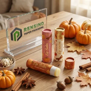 Tubo per balsamo labiale in carta stampata con motivo di zucca e foglia per uso cosmetico o regalo, servizio OEM/ODM disponibile