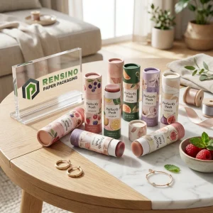 Tubo di balsamo labbra in carta pastello stampata con illustrazioni di frutta per uso cosmetico o regalo, servizio OEM/ODM disponibile