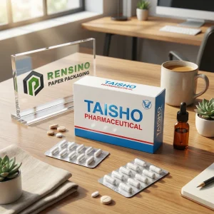 Scatola bianca con testo stampato TAISHO PHARMACEUTICAL e strisce blu e rosse, adatta per imballaggi farmaceutici o regali, servizio OEM/ODM disponibile