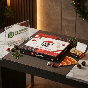 Schwarz-weiße Einweg-Pizza-Verpackungsbox mit bedrucktem Text in limitierter Weihnachtsausgabe und Ornamentmuster, geeignet für Lebensmittelverpackungen, benutzerdefinierte Designs verfügbar
