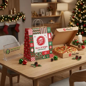 Sacos de Papel Descartáveis Vermelho, Verde e Branco do Pizza Hut com Padrão de Feriado e Texto Impresso do Pizza Hut, Impressão de Logotipo Personalizado Disponível