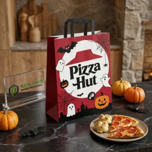 Sacolas de Papel para Alimentos Descartáveis Vermelhas e Pretas com Padrão de Halloween e Texto Impresso “Pizza Hut”, Design Personalizado Disponível