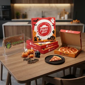 Scatola di imballaggio per pizza usa e getta rossa e arancione con motivo di fantasma e zucca di Halloween, adatta per imballaggio alimentare, design personalizzato disponibile