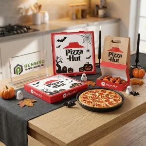 Red and White Disposable Pizza Box and Paper Bag Packaging with Halloween Pumpkin and Spider Web Pattern, Suitable for Food Packaging, Custom Design Available