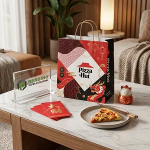 Sacolas de Papel para Alimentos Descartáveis Vermelhas e Pretas com Padrão de Dragão do Ano Novo Chinês e Texto Impresso da Pizza Hut, Impressão de Logotipo Personalizado Disponível