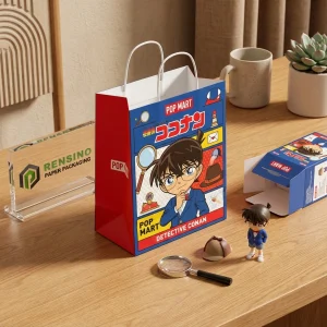 Sacchetto di carta rosso e blu POP MART con illustrazione del personaggio dei cartoni animati Detective Conan, adatto per imballaggio di regali o al dettaglio, stampa del logo personalizzata disponibile