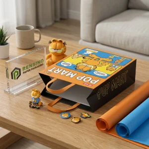 Sacchetto di carta stampato arancione e nero con immagini del cartone animato Garfield, adatto per imballaggio regalo o al dettaglio, servizio OEM/ODM disponibile